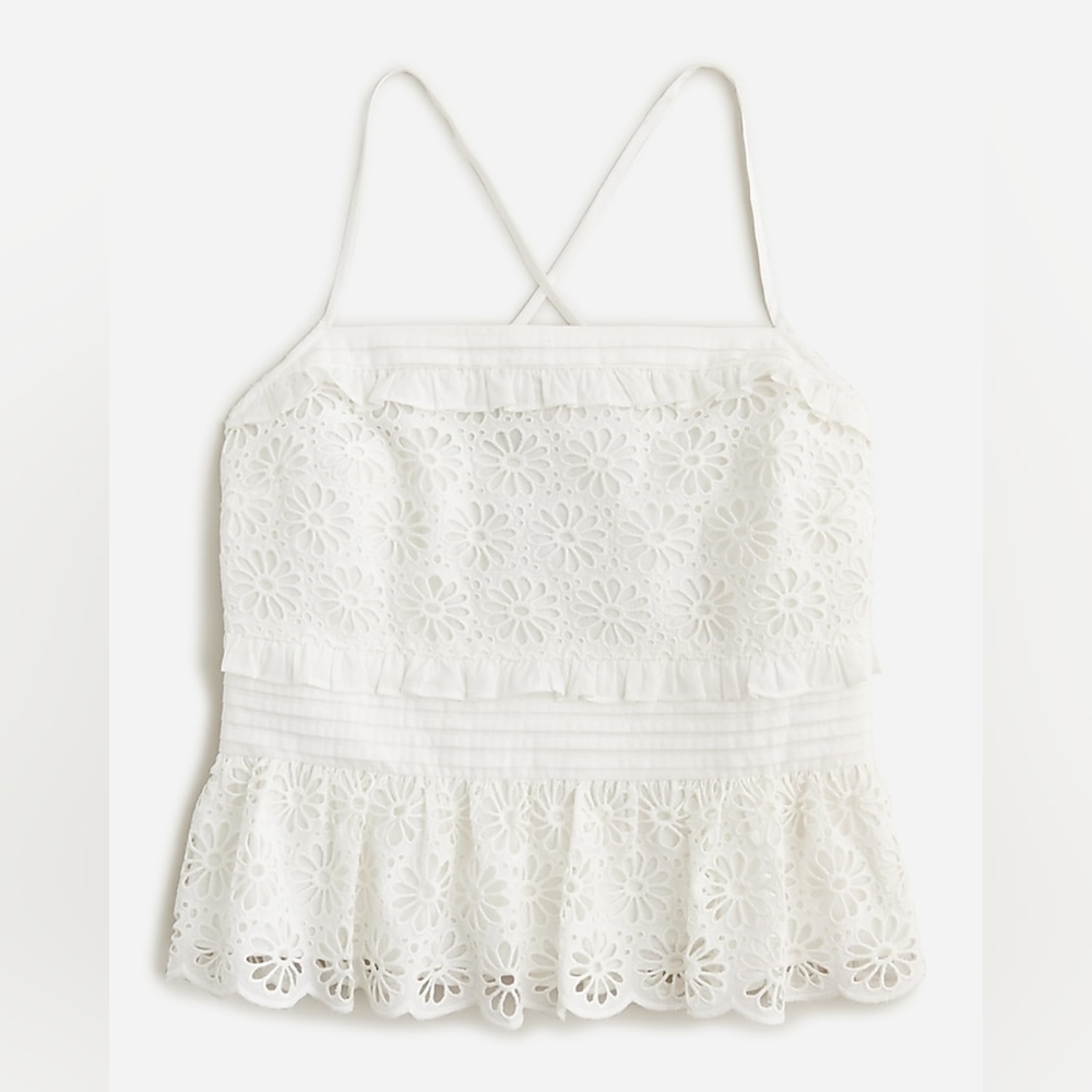 J.Crew White Cross-back Smocked-Waist Eyelet Top Size XS